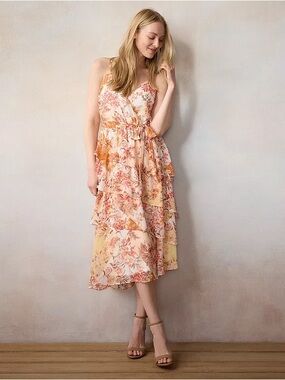 LC Lauren Conrad Floral Tiered Midi Dress in Peach-Pink
